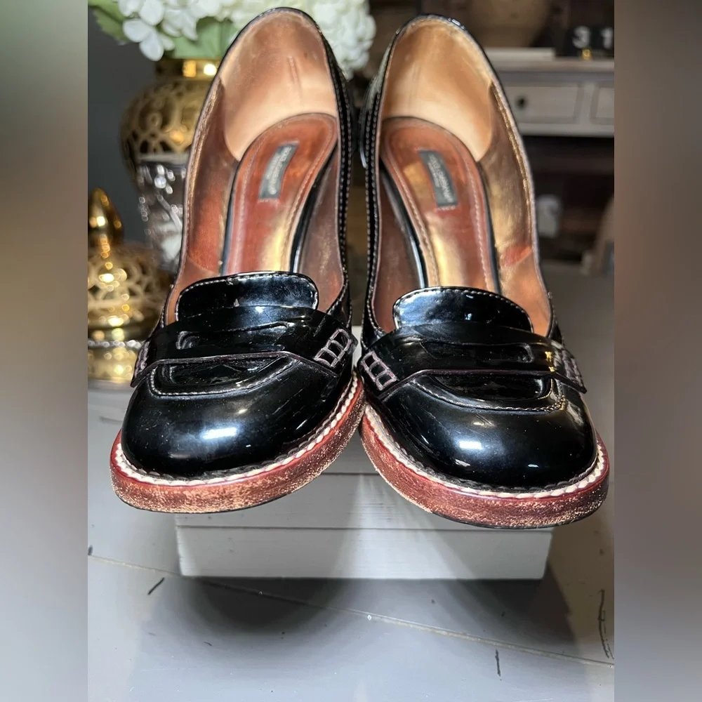 Dolce Gabbana Brown Patent Leather w‎ Gold Penny Loafer Pumps Heels Size 39 - Picture 4 of 12